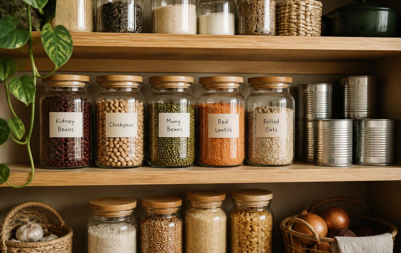 Pantry shelves holding glass jars of beans, lentils and oats with handwritten labels next to stacked plain cans