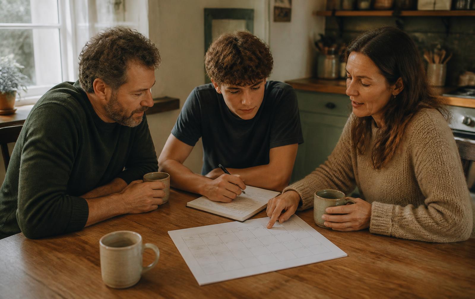 Three household members sitting at a kitchen table writing a weekly meal plan in a notebook beside a paper calendar