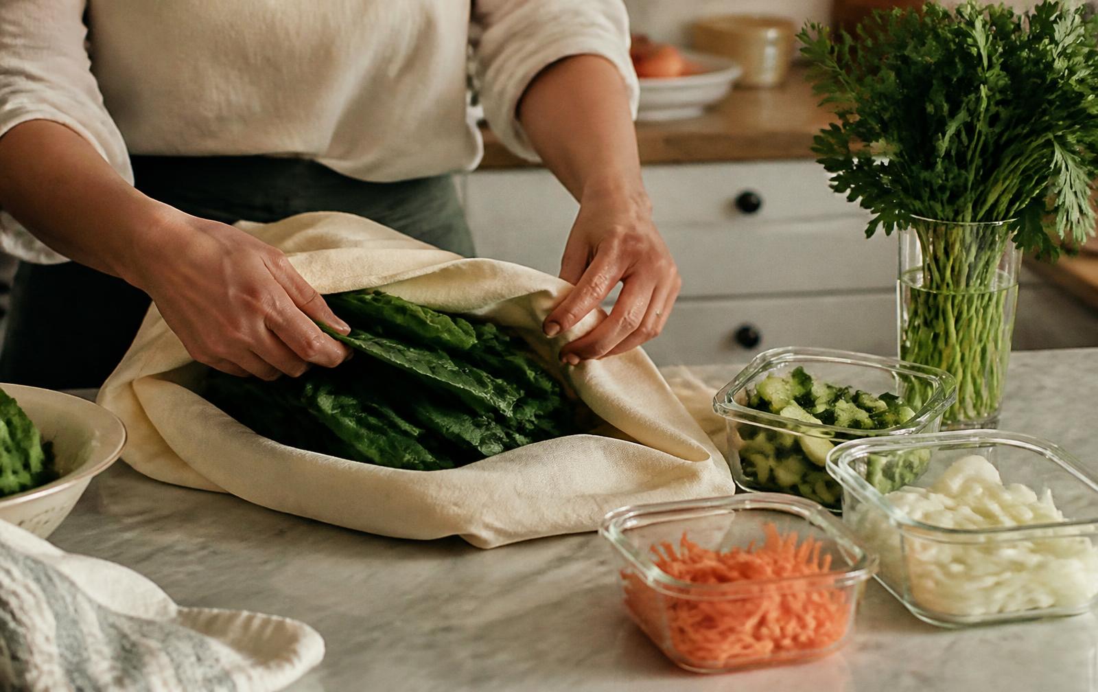 A person wrapping fresh greens in a clean cloth on a kitchen counter beside glass containers of chopped vegetables and herbs in water